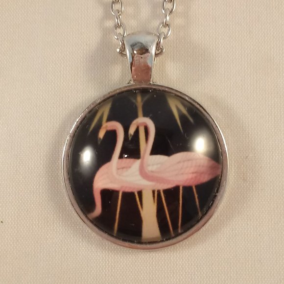 Silver Pink Flamingos Cabochon Pendant Necklace 20" Chain Women's Party Gift - Picture 2 of 4